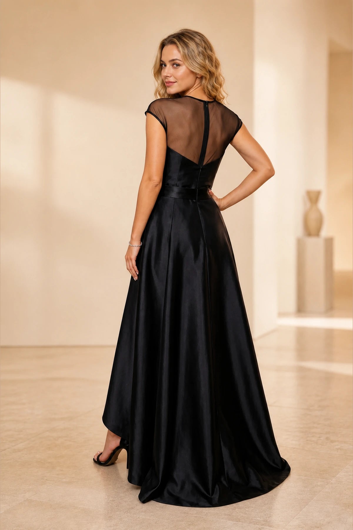 Graceprom black prom gown, sheer illusion mesh back cap sleeve high low satin long dress back view