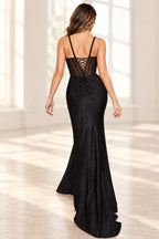 Back view of Graceprom black sparkly mermaid prom dress with lace-up corset back and sweep train