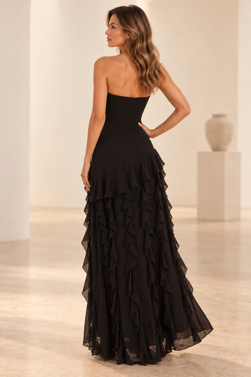 Back view of Graceprom black strapless mermaid prom dress with center back zipper and layered ruffle train
