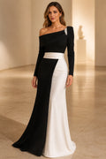 Graceprom black and white color-block one-shoulder long sleeve sheath evening gown with crystal shoulder accent, front view