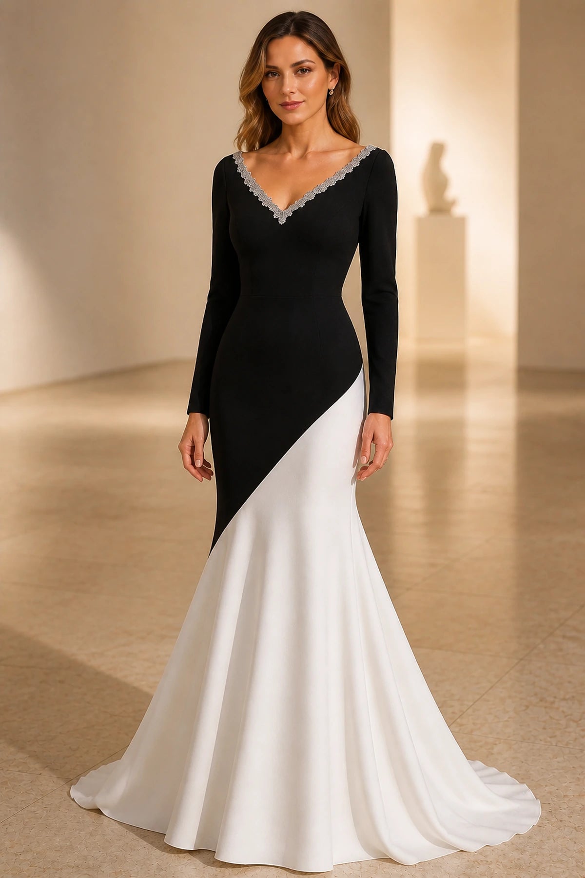 Black White Color‑Block One‑Shoulder Long Sleeve Zipper Back Sheath Evening Dress
