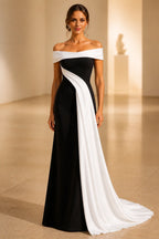 Black White Color‑Block One‑Shoulder Long Sleeve Zipper Back Sheath Evening Dress