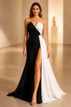 Black White Color‑Block One‑Shoulder Long Sleeve Zipper Back Sheath Evening Dress