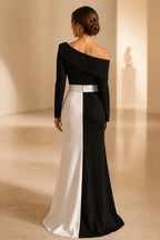 Graceprom monochrome formal gown, back view with invisible center zipper, contrast waistband and floor-length sheath skirt