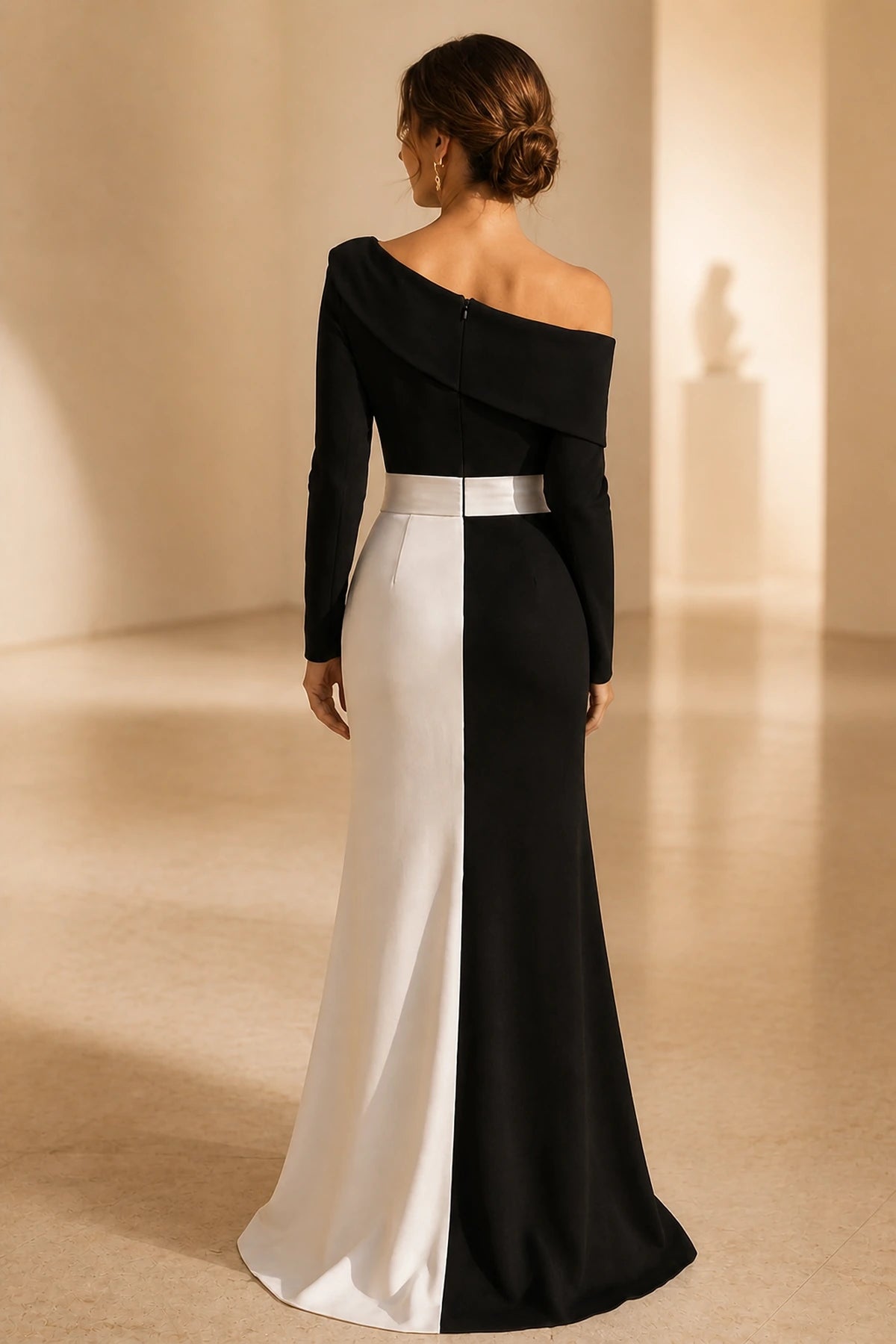 Graceprom monochrome formal gown, back view with invisible center zipper, contrast waistband and floor-length sheath skirt
