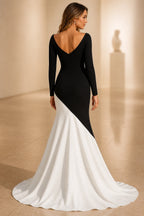 Black White Color‑Block One‑Shoulder Long Sleeve Zipper Back Sheath Evening Dress