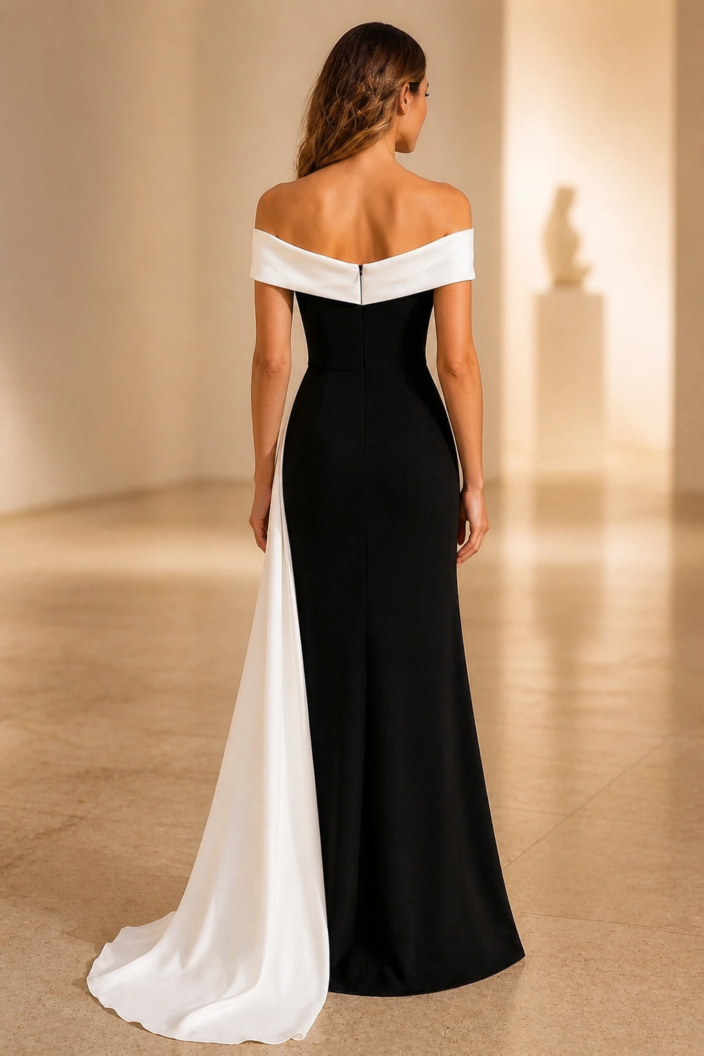 Black White Color‑Block One‑Shoulder Long Sleeve Zipper Back Sheath Evening Dress