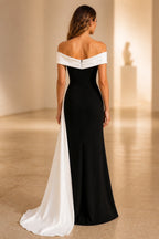Black White Color‑Block One‑Shoulder Long Sleeve Zipper Back Sheath Evening Dress