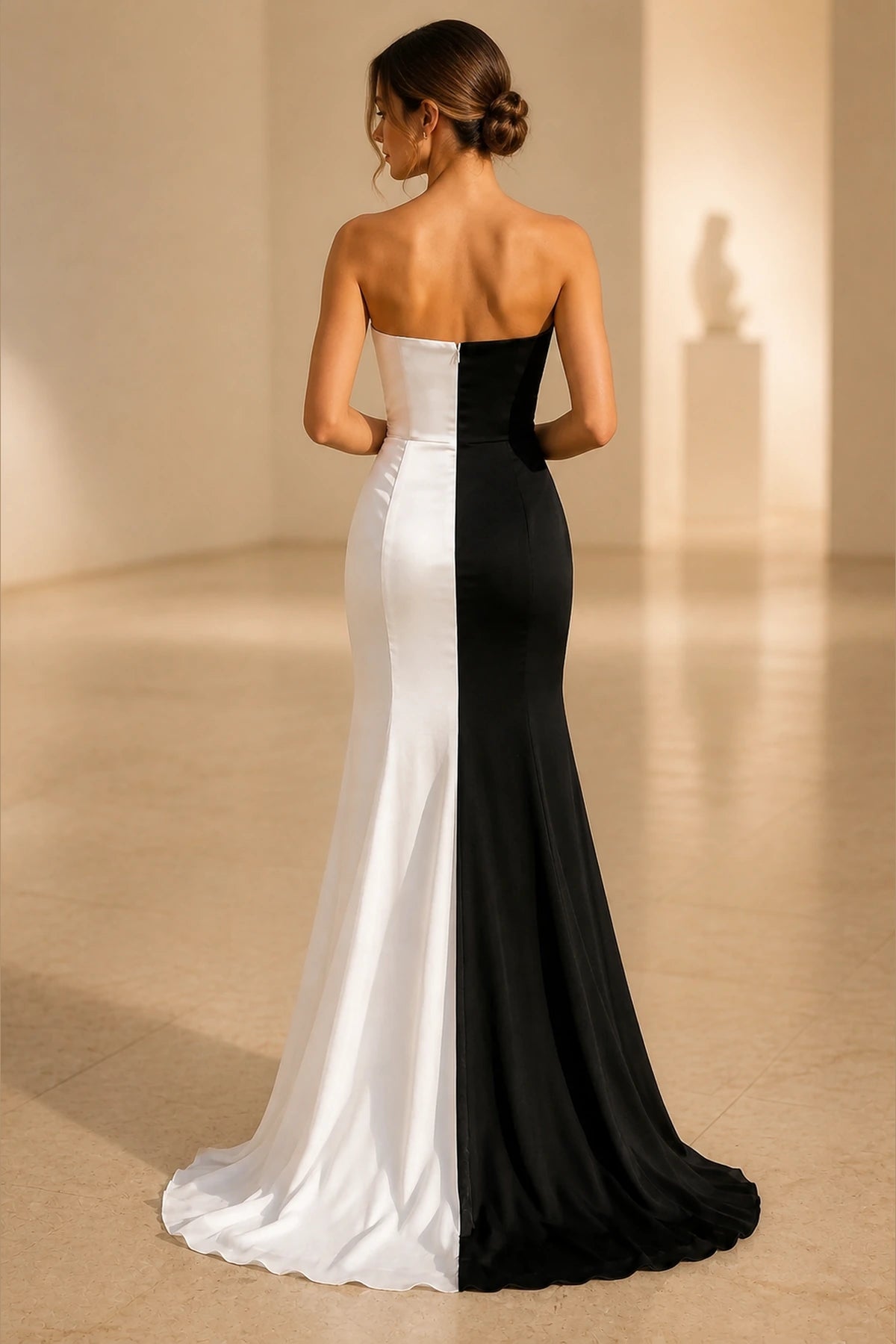 Black White Color‑Block One‑Shoulder Long Sleeve Zipper Back Sheath Evening Dress