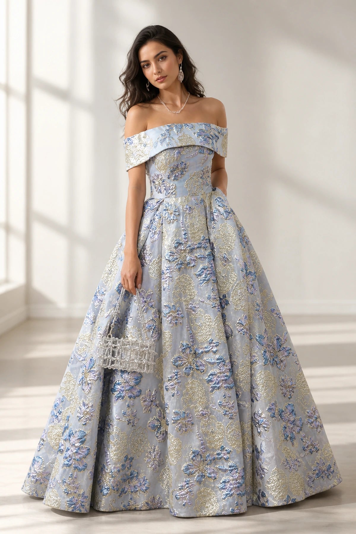 Blue floral jacquard off shoulder A-line floor length prom dress
