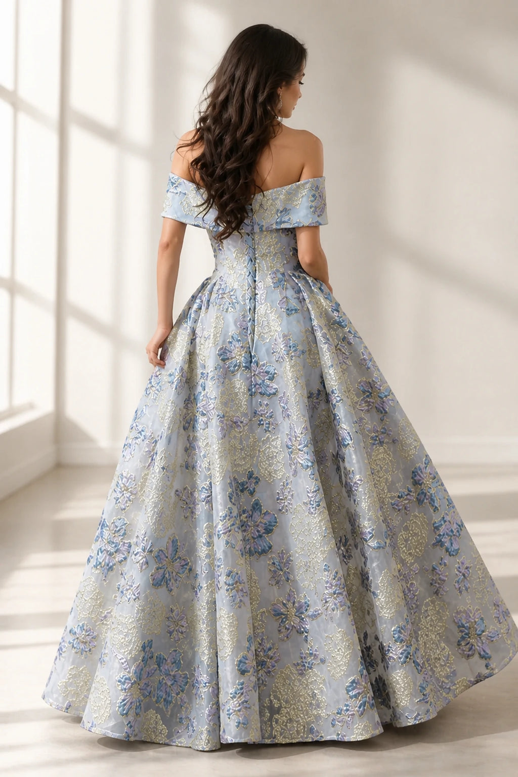 Back view of blue floral jacquard off shoulder prom dress