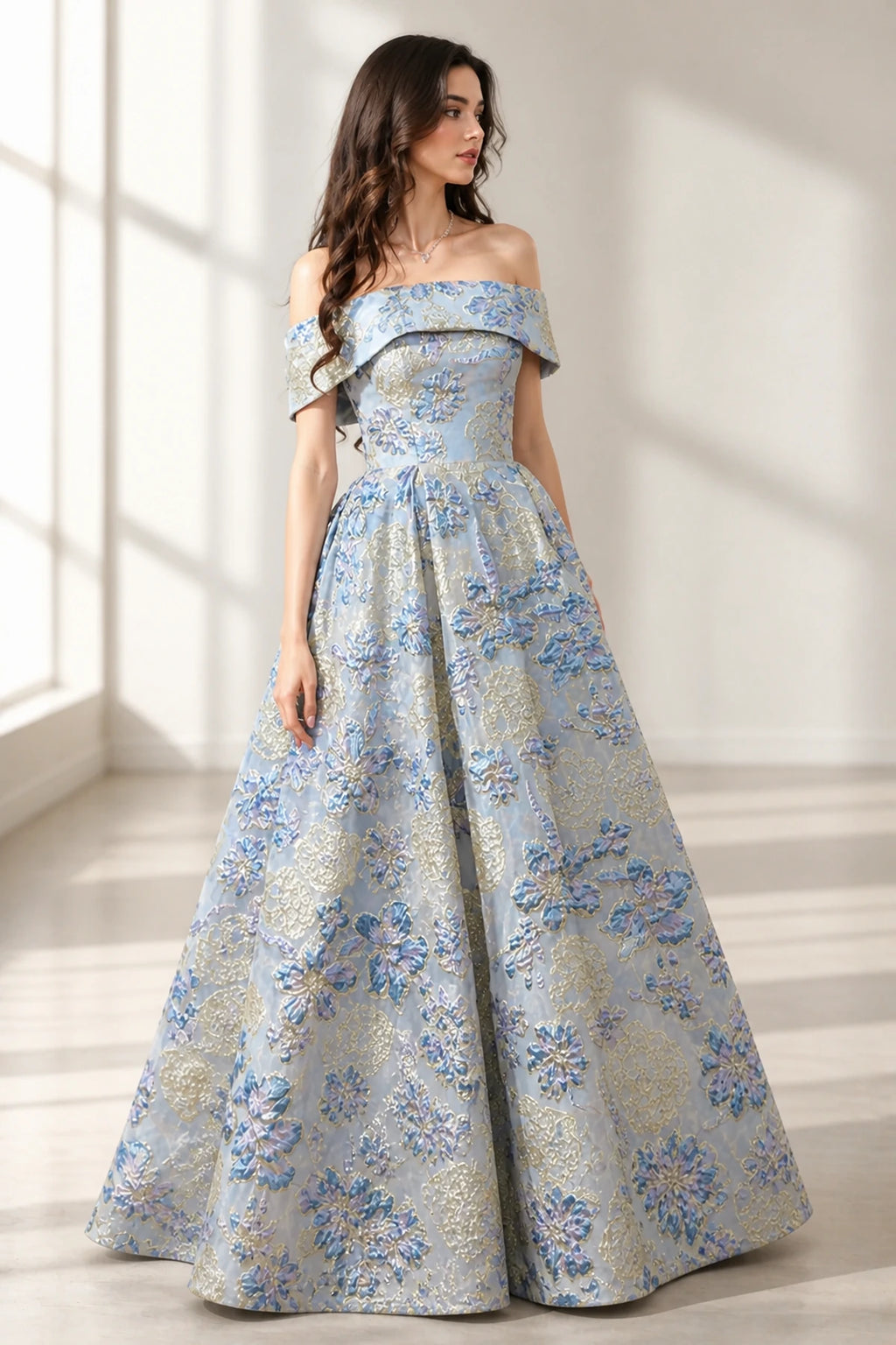 Regal A-Line Off Shoulder Floral Jacquard Floor Length Prom Dress