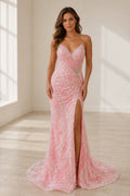 graceprom blush pink mermaid prom dress front view with 3D floral lace, spaghetti straps, high side slit