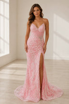 graceprom blush pink mermaid prom dress front view with 3D floral lace, spaghetti straps, high side slit