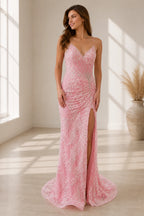 Blush Mermaid V-Neck Sleeveless Low Back Long Prom Dress