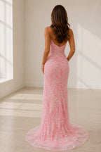 graceprom blush mermaid prom dress back view, low open back, floral applique long formal gown
