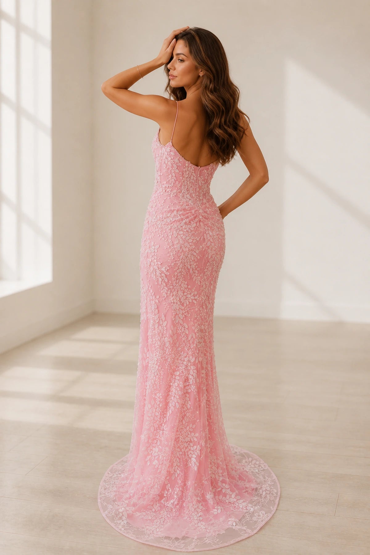 Blush Mermaid V-Neck Sleeveless Low Back Long Prom Dress