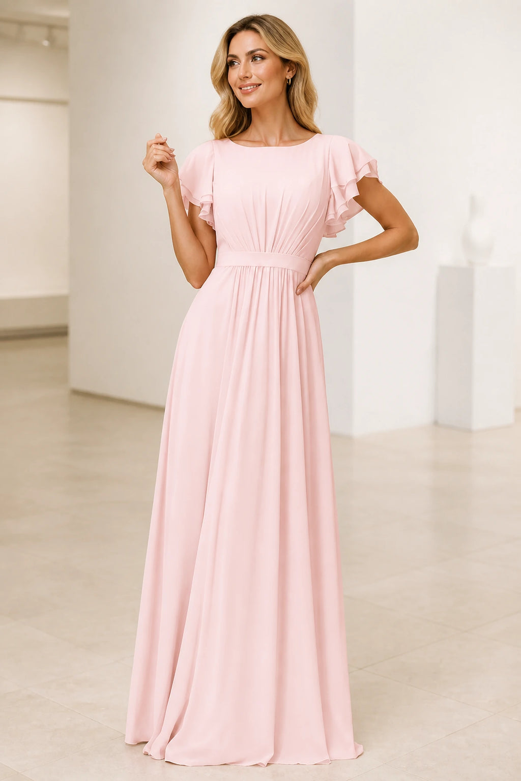 Blush pink A-line bridesmaid dress with scoop neck and flutter sleeves by GraceProm
