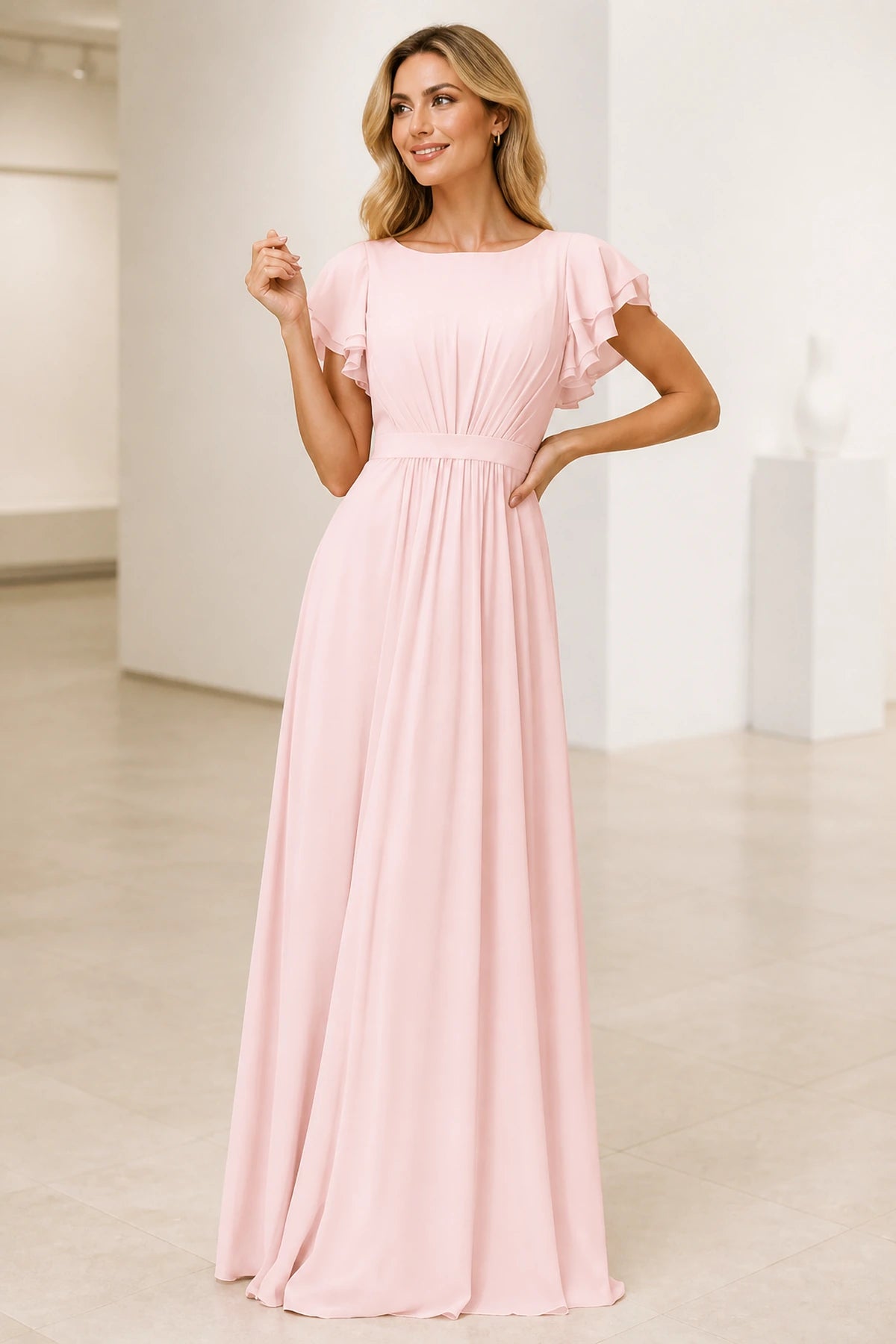 Blush pink A-line bridesmaid dress with scoop neck and flutter sleeves by GraceProm