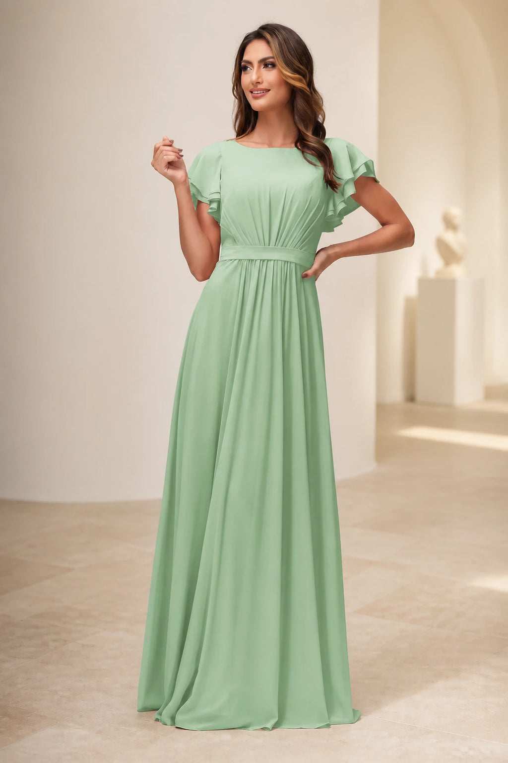 Romantic A-Line Scoop Neck Flutter Sleeve Zipper Back Floor-Length Bridesmaid Dress