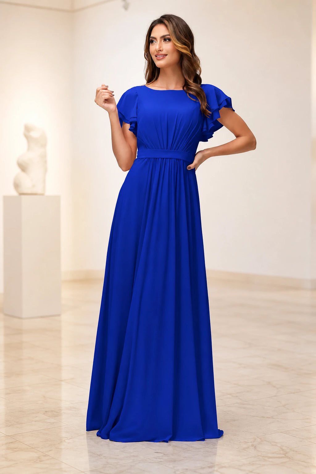 Romantic A-Line Scoop Neck Flutter Sleeve Zipper Back Floor-Length Bridesmaid Dress