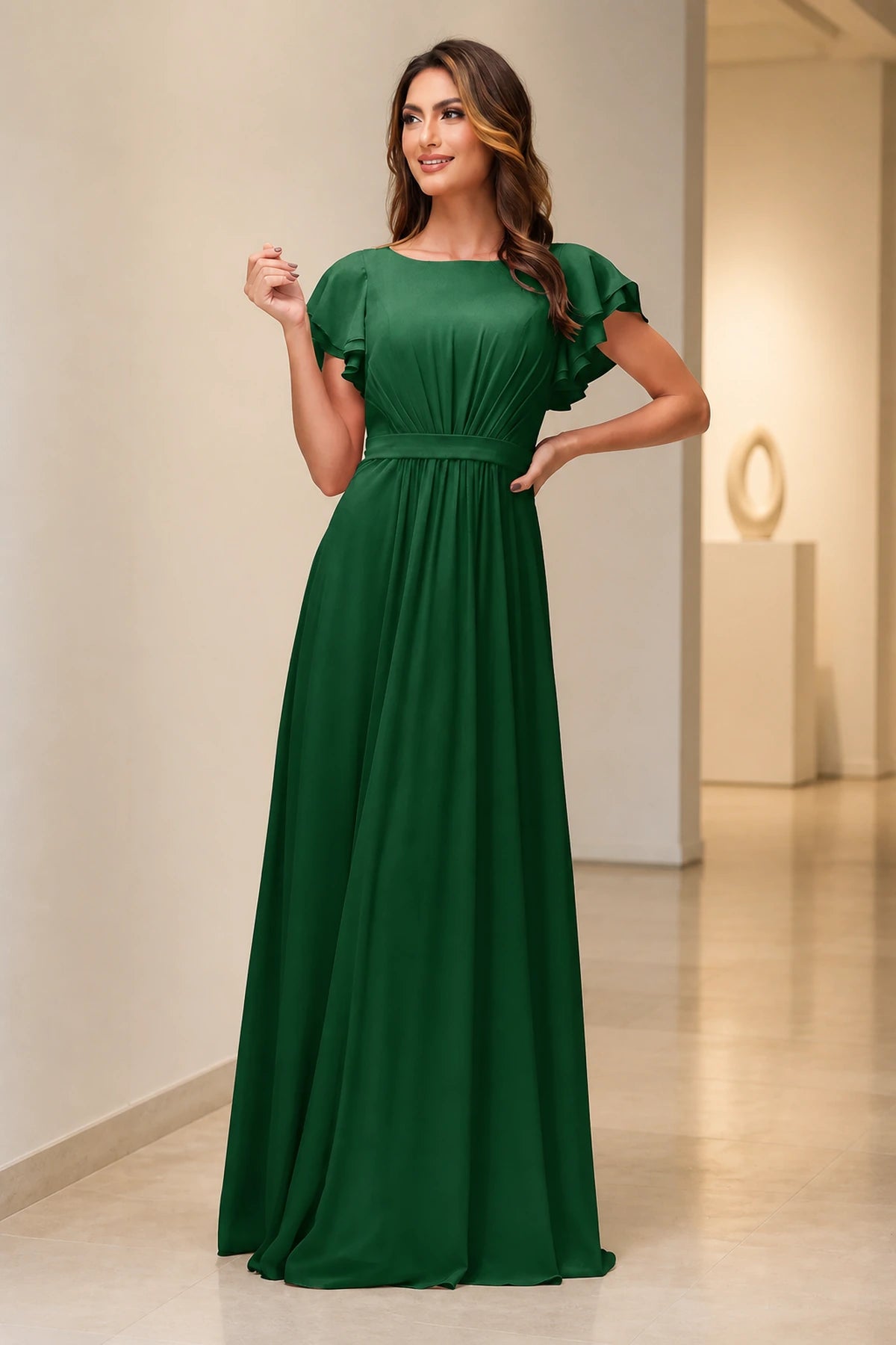 Romantic A-Line Scoop Neck Flutter Sleeve Zipper Back Floor-Length Bridesmaid Dress