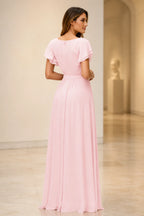 Back view of blush pink floor-length bridesmaid dress with flutter sleeves and zipper back by GraceProm