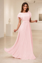 Romantic A-Line Scoop Neck Flutter Sleeve Zipper Back Floor-Length Bridesmaid Dress