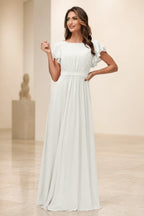 Romantic A-Line Scoop Neck Flutter Sleeve Zipper Back Floor-Length Bridesmaid Dress