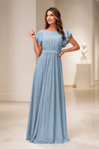 Romantic A-Line Scoop Neck Flutter Sleeve Zipper Back Floor-Length Bridesmaid Dress
