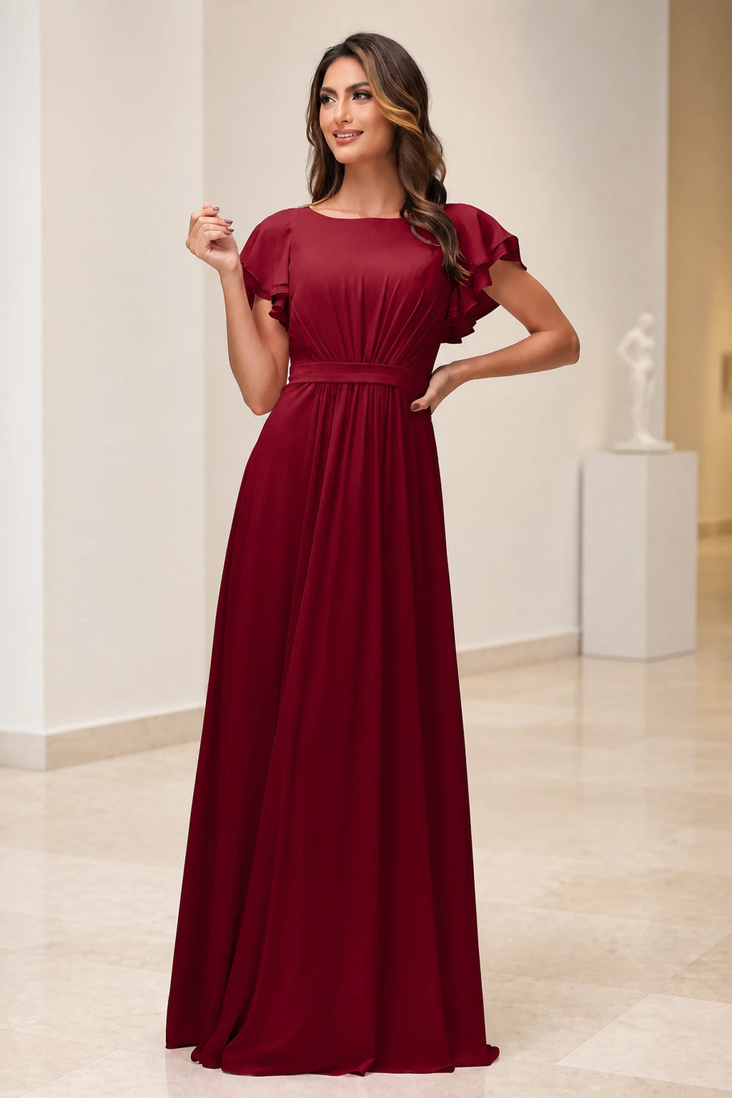 Romantic A-Line Scoop Neck Flutter Sleeve Zipper Back Floor-Length Bridesmaid Dress