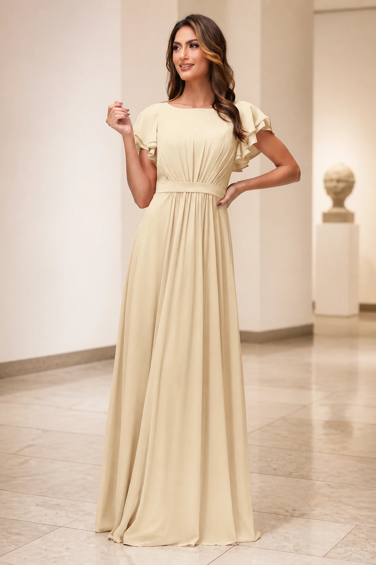 Romantic A-Line Scoop Neck Flutter Sleeve Zipper Back Floor-Length Bridesmaid Dress