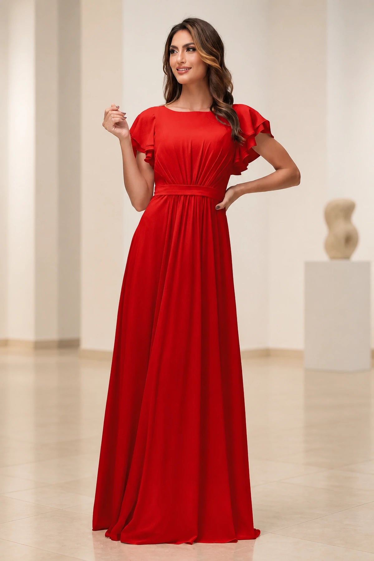 Romantic A-Line Scoop Neck Flutter Sleeve Zipper Back Floor-Length Bridesmaid Dress
