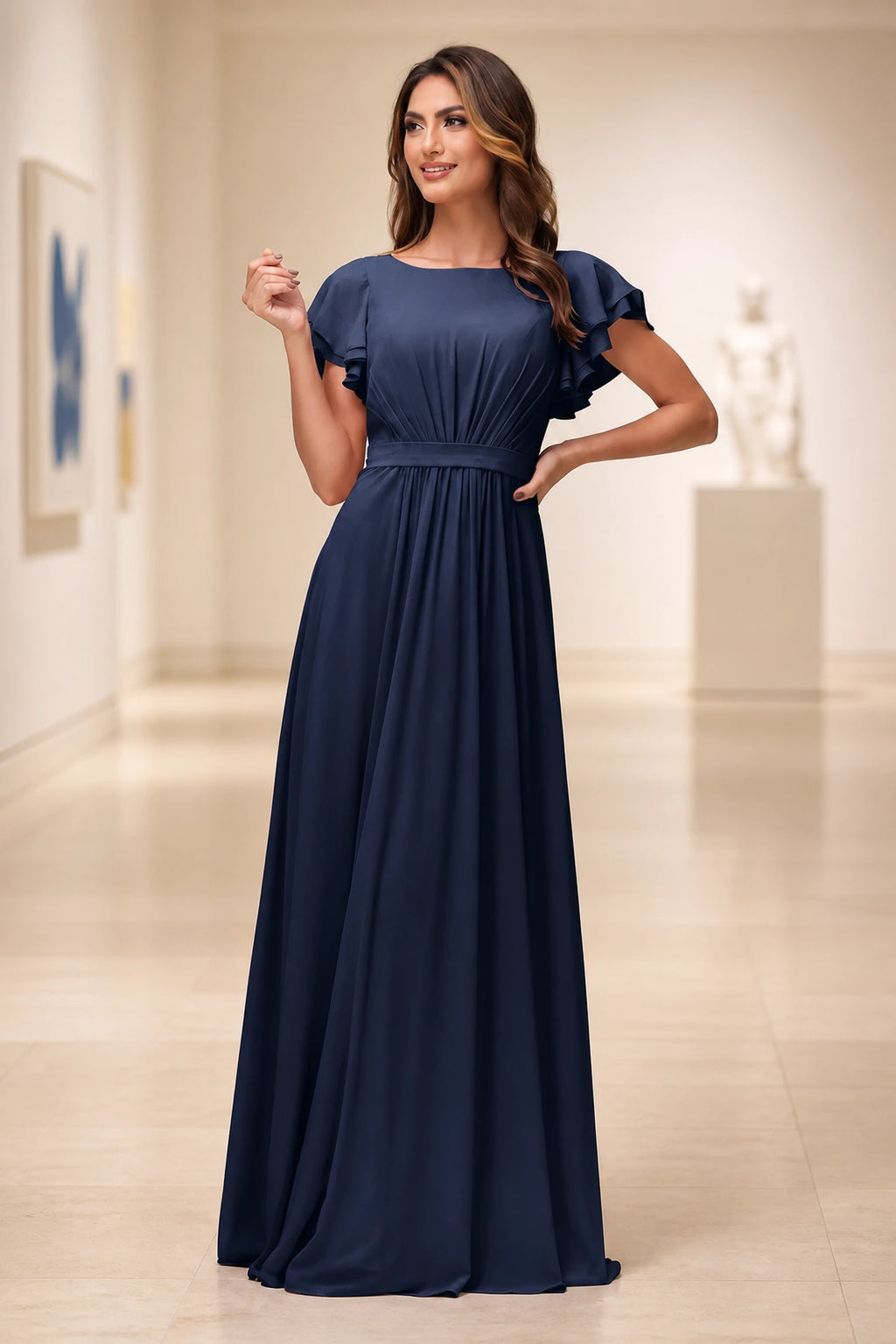 Romantic A-Line Scoop Neck Flutter Sleeve Zipper Back Floor-Length Bridesmaid Dress