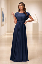Romantic A-Line Scoop Neck Flutter Sleeve Zipper Back Floor-Length Bridesmaid Dress