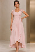 Blush pink A-line mother of the bride dress with lace cap sleeves and high-low hem by GraceProm