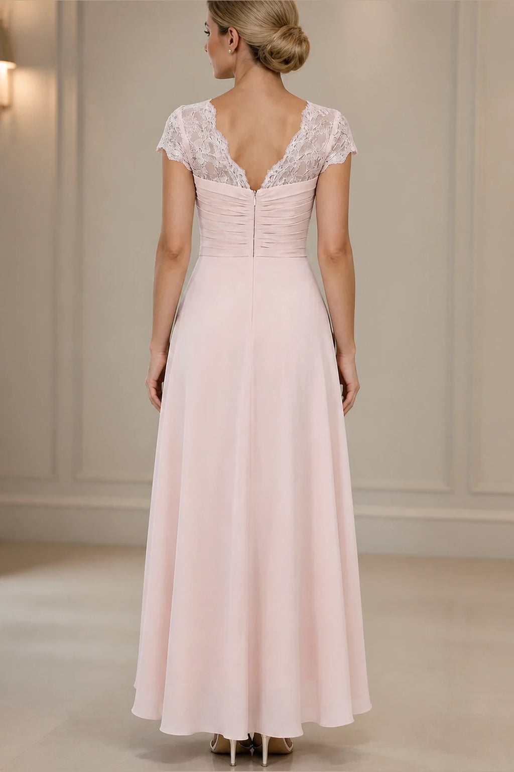 Back view of blush pink lace mother of the bride dress with V-back and zipper closure by GraceProm