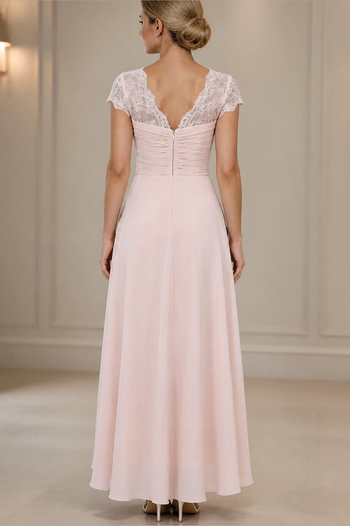Back view of blush pink lace mother of the bride dress with V-back and zipper closure by GraceProm