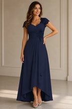 Refined A-Line Sweetheart Lace Cap-Sleeve V-Back High-Low Mother of the Bride Dress