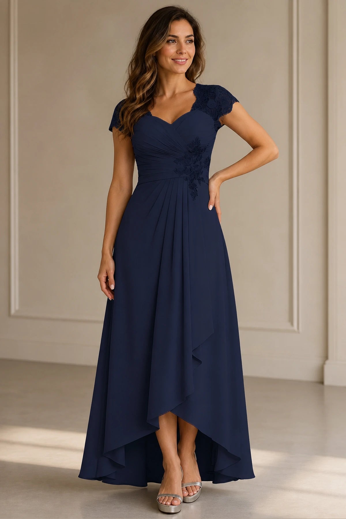 Refined A-Line Sweetheart Lace Cap-Sleeve V-Back High-Low Mother of the Bride Dress