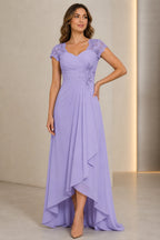 Refined A-Line Sweetheart Lace Cap-Sleeve V-Back High-Low Mother of the Bride Dress