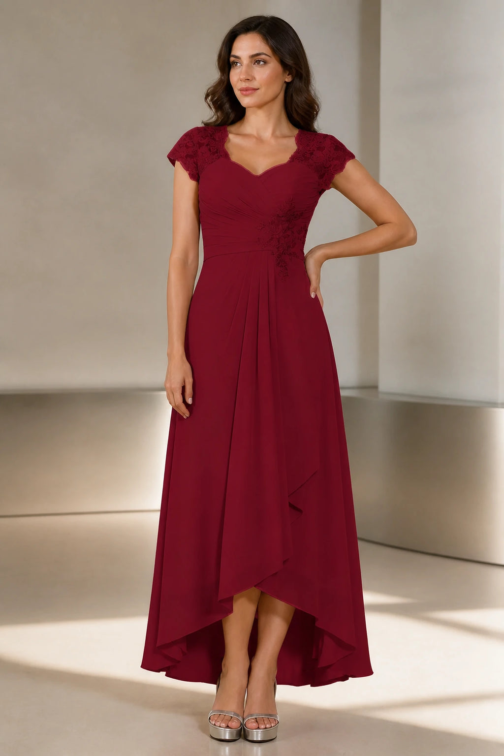 Refined A-Line Sweetheart Lace Cap-Sleeve V-Back High-Low Mother of the Bride Dress