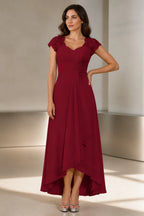 Refined A-Line Sweetheart Lace Cap-Sleeve V-Back High-Low Mother of the Bride Dress