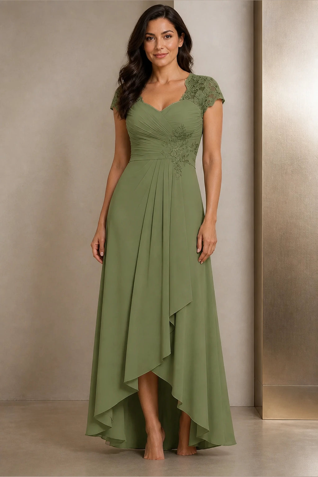 Refined A-Line Sweetheart Lace Cap-Sleeve V-Back High-Low Mother of the Bride Dress
