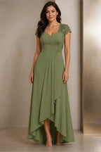 Refined A-Line Sweetheart Lace Cap-Sleeve V-Back High-Low Mother of the Bride Dress