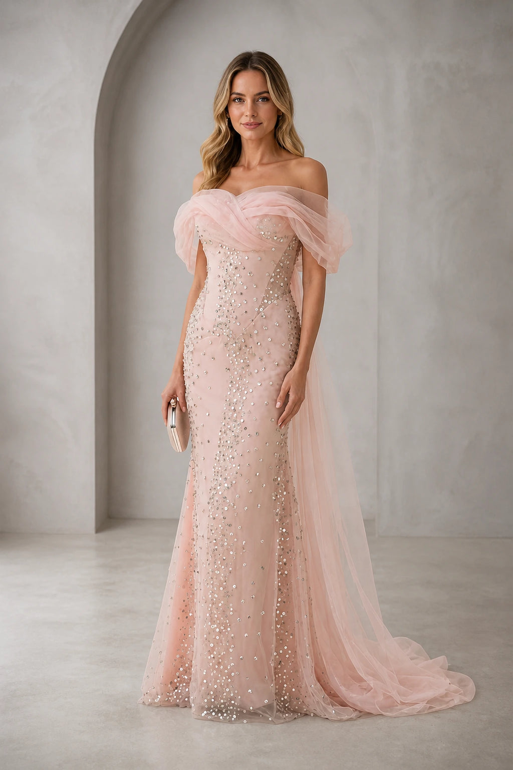 Graceprom blush pink bridesmaid dress, off shoulder tulle sleeve sequin mermaid maxi gown for wedding bridal party