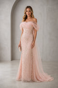 Graceprom blush pink bridesmaid dress, off shoulder tulle sleeve sequin mermaid maxi gown for wedding bridal party