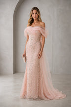 Graceprom blush pink bridesmaid dress, off shoulder tulle sleeve sequin mermaid maxi gown for wedding bridal party