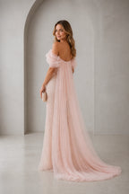 Graceprom blush pink bridesmaid gown, low back flowy tulle train sequin long dress back view
