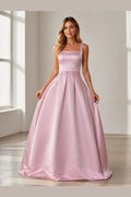 Blush pink satin ballgown prom dress with square neckline and wide straps by GraceProm